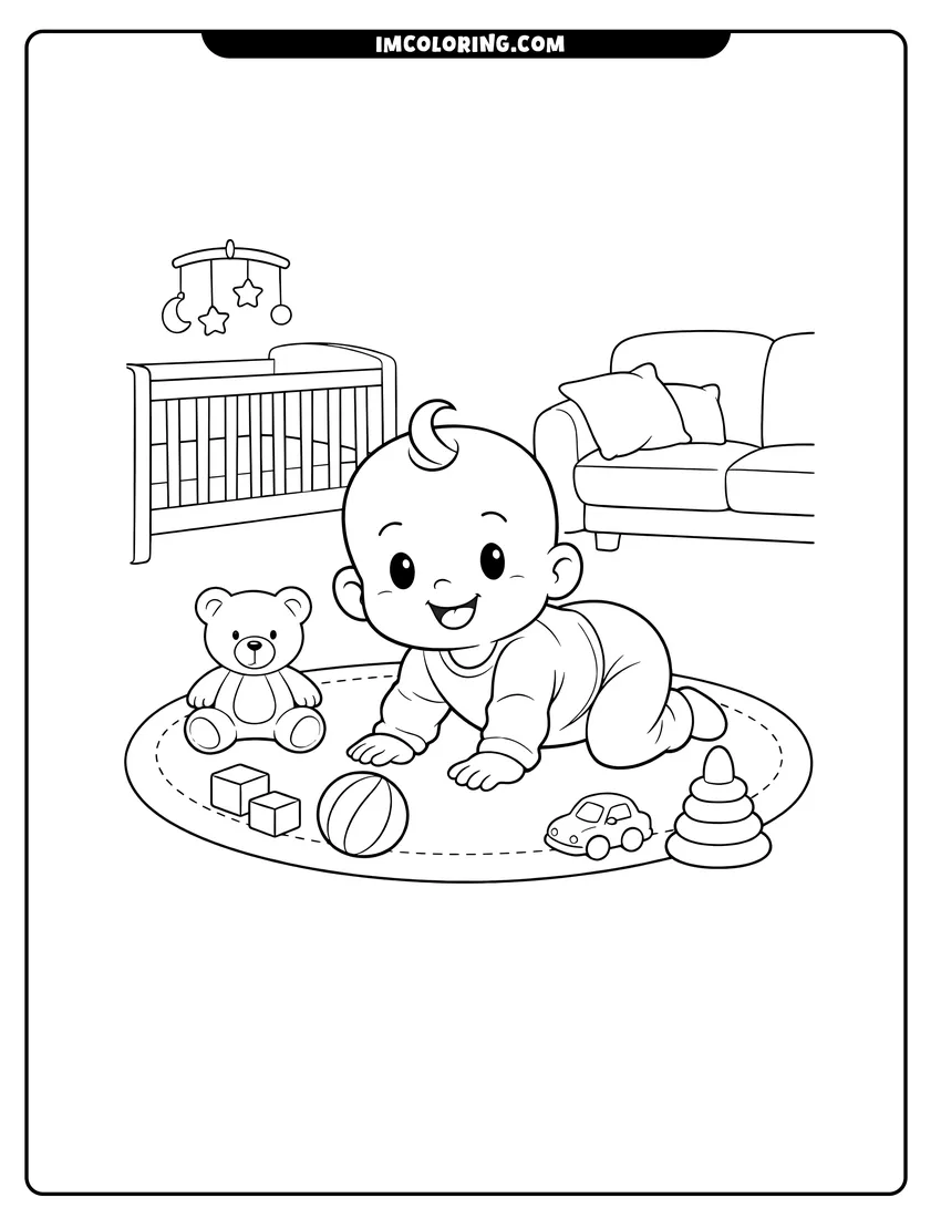 Printable outline of Cheerful baby with a hair curl crawling on rug