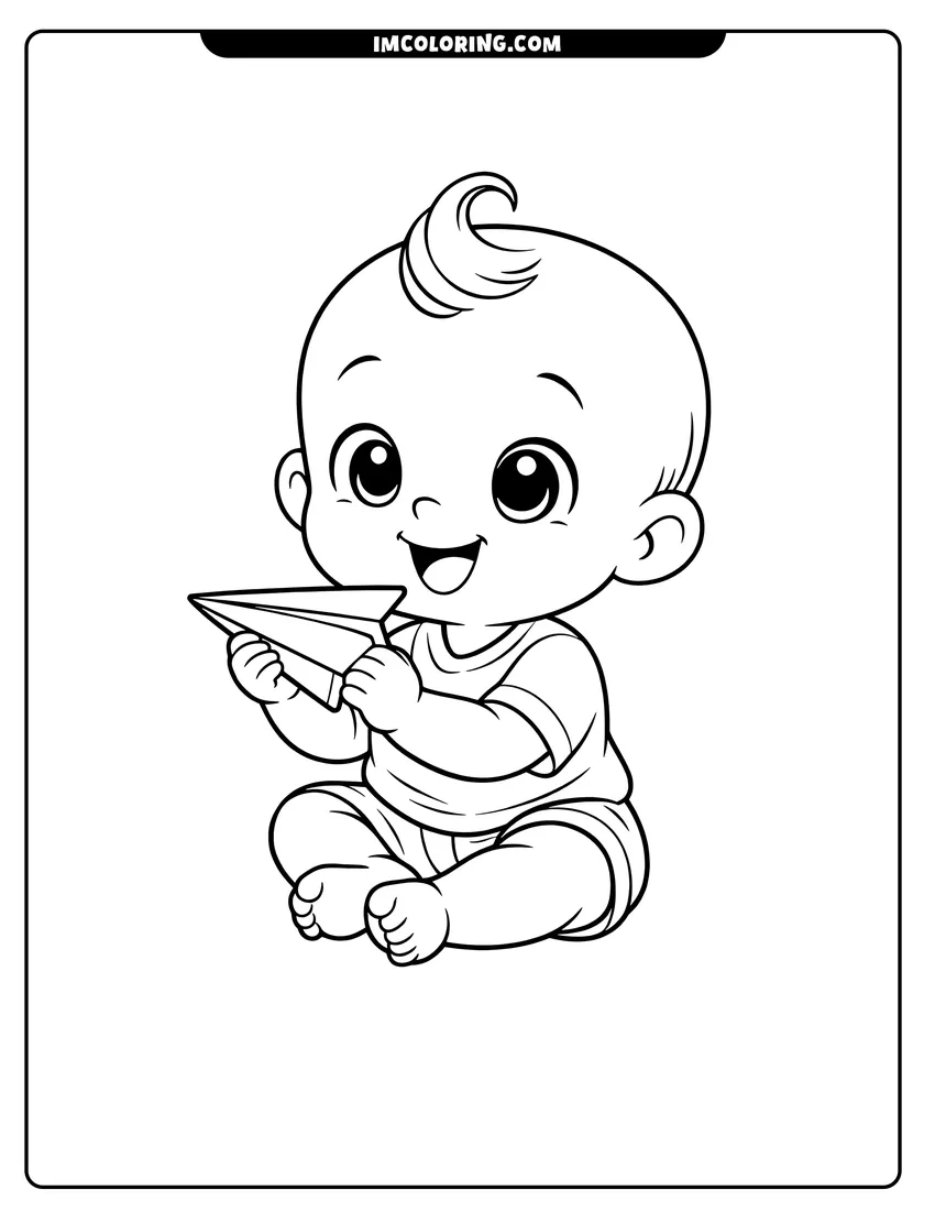 Smiling baby sitting and holding a paper airplane coloring page for preschoolers