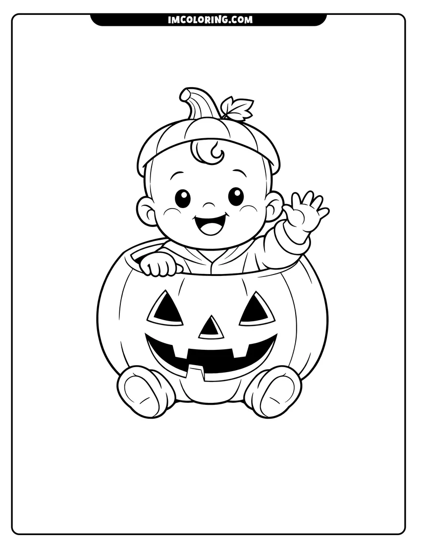 Printable coloring page featuring Baby waving from inside a jack-o-lantern costume