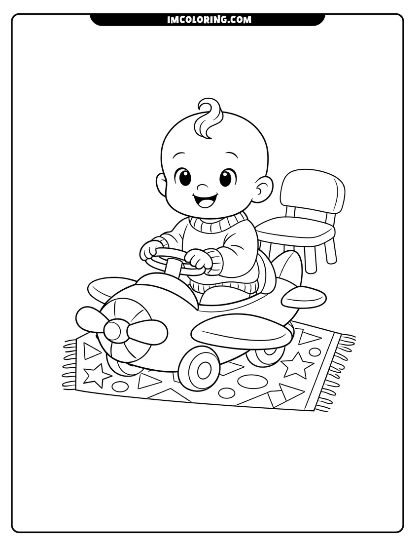 Easy-to-color Baby in a sweater sitting in toy airplane illustration
