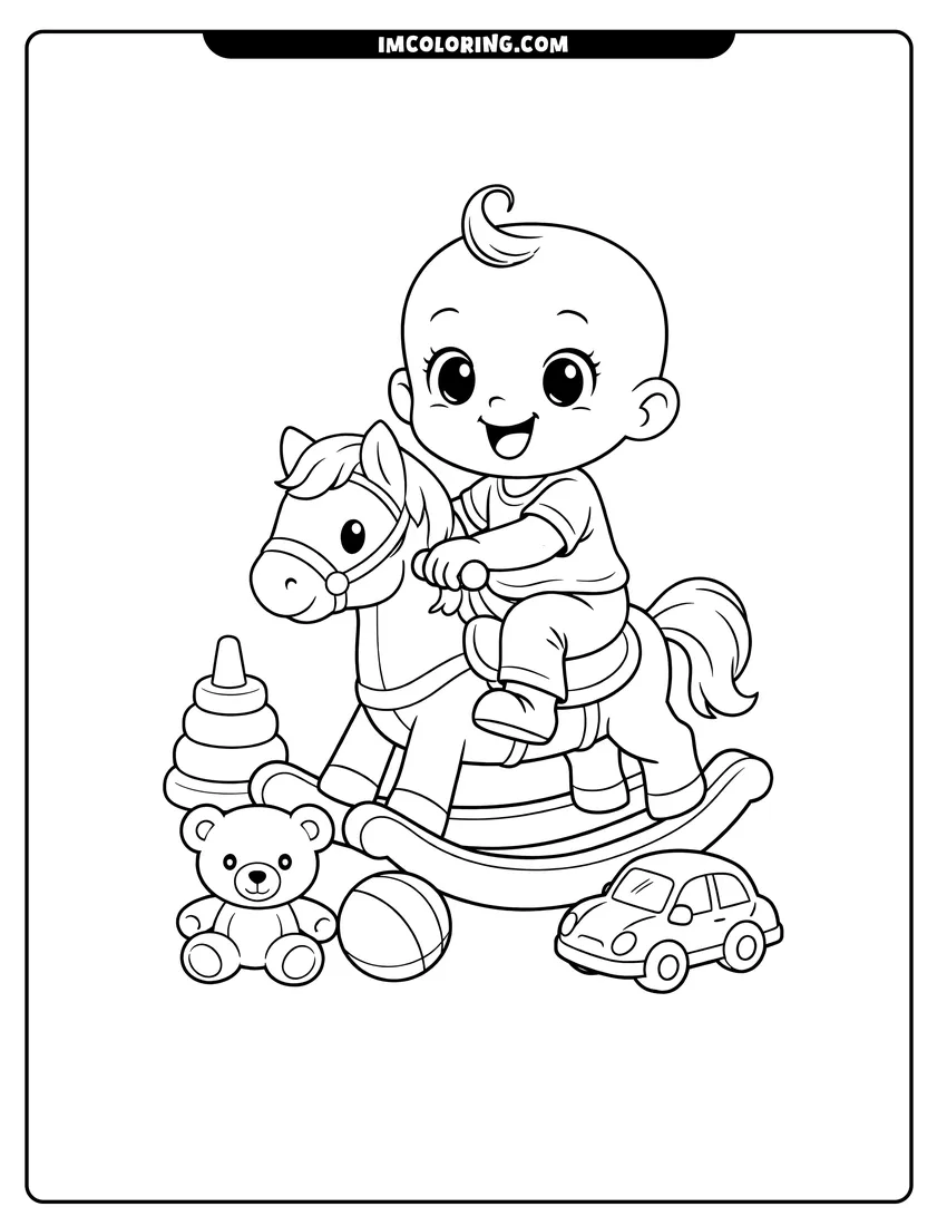 Outline of Baby with big eyes riding a rocking horse on a white background