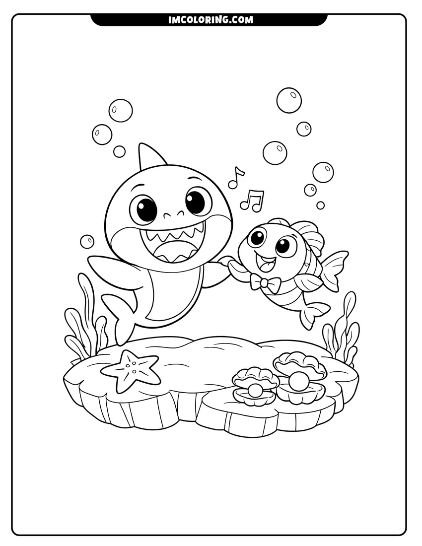 Detailed Baby Shark dancing with William the fish underwater design for coloring
