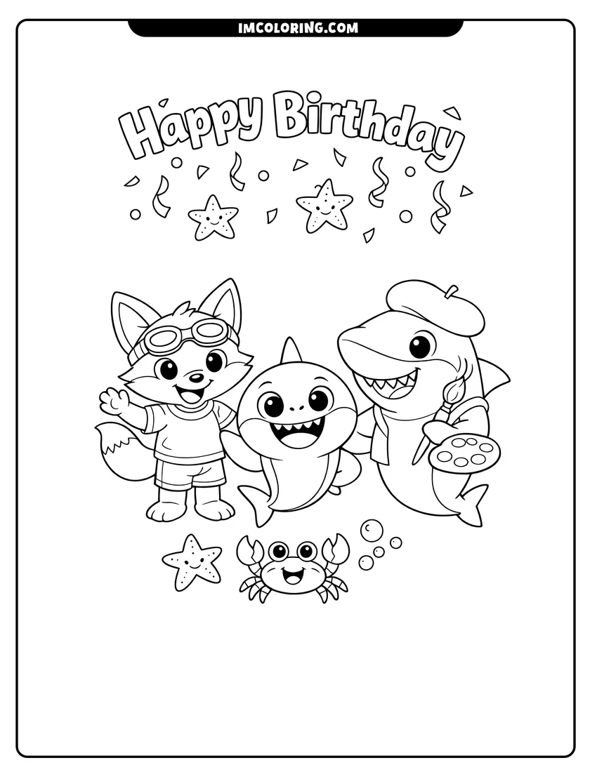Simple sketch of Baby Shark and friends celebrating a birthday for children