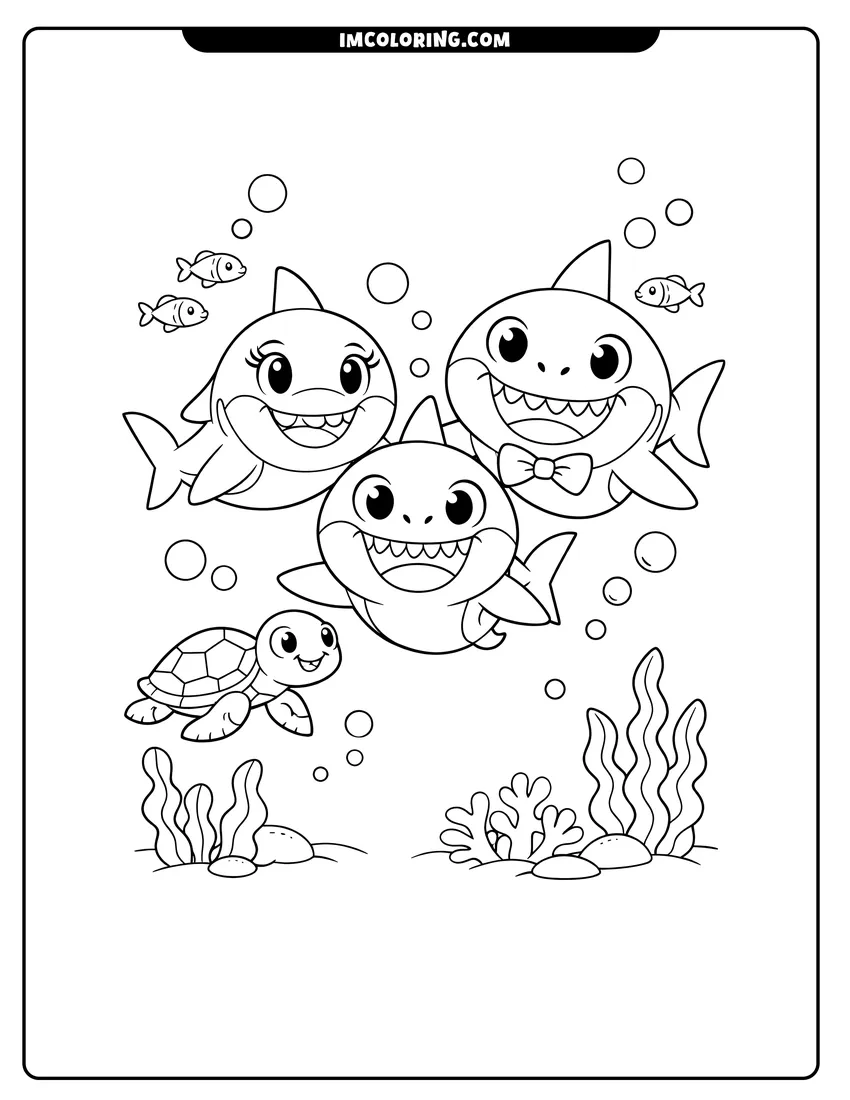 Baby Shark, Mommy, and Daddy Shark swimming underwater coloring page for preschoolers