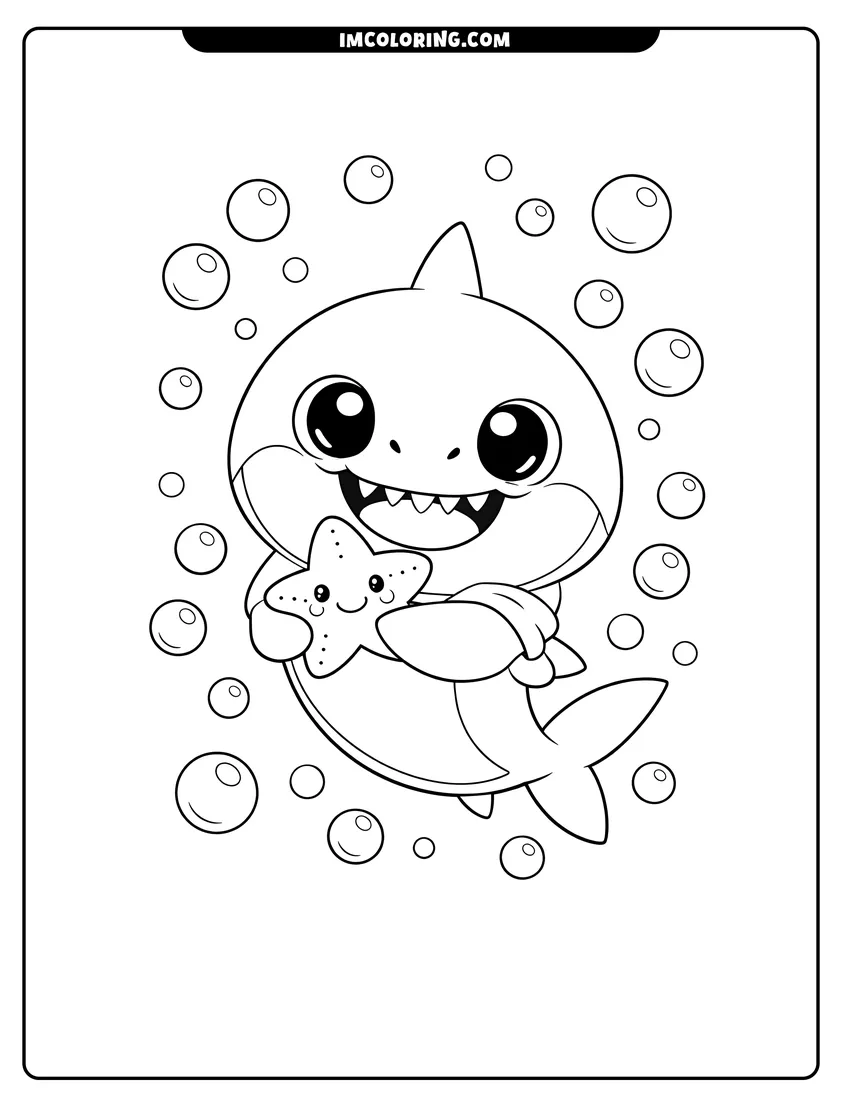 Baby Shark holding a small smiling starfish coloring page for preschoolers