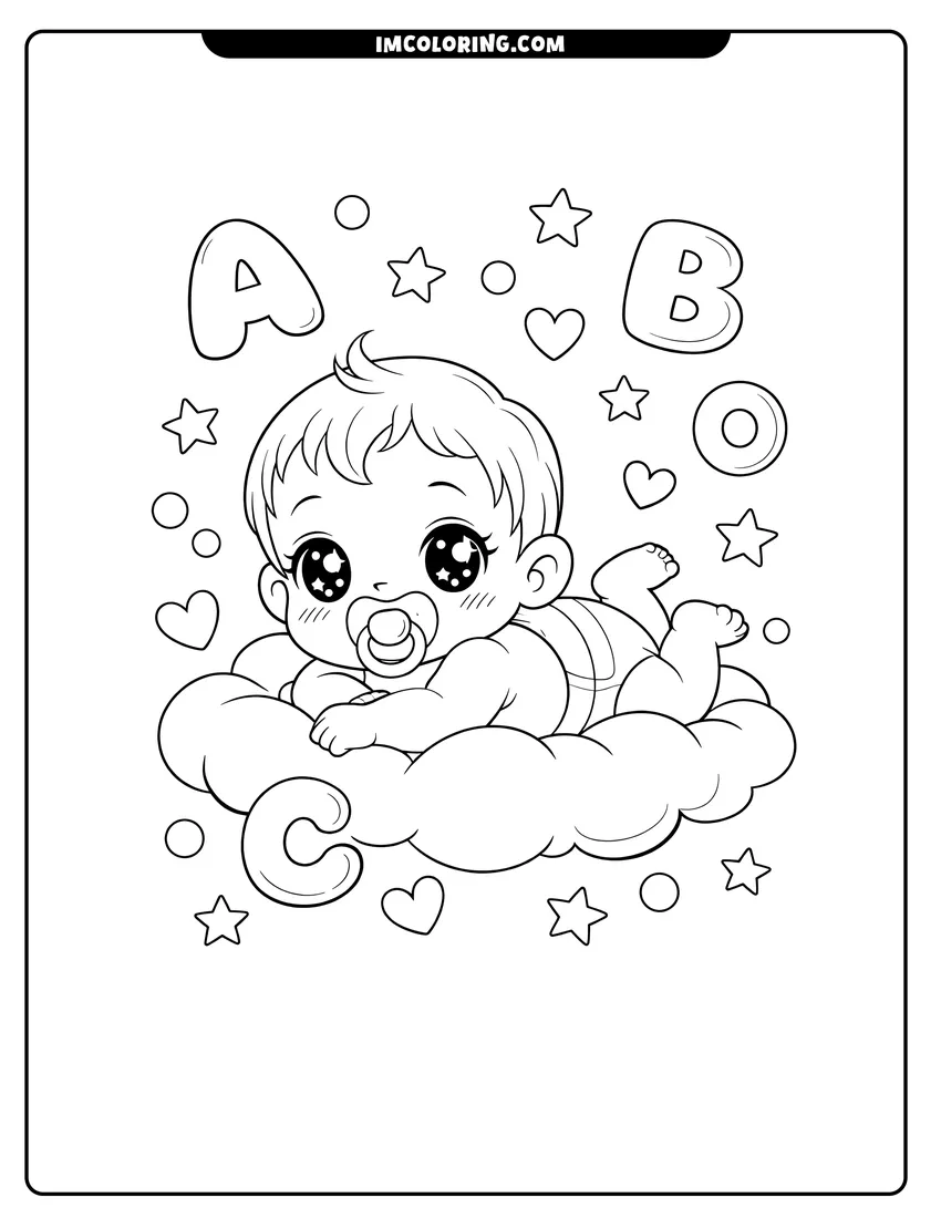 Cute Baby with pacifier lying on a fluffy cloud outline for coloring