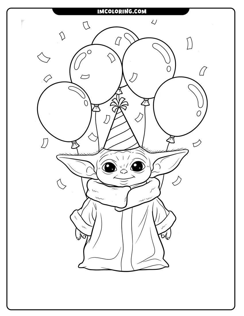 Printable coloring page featuring Baby Yoda wearing a party hat with balloons