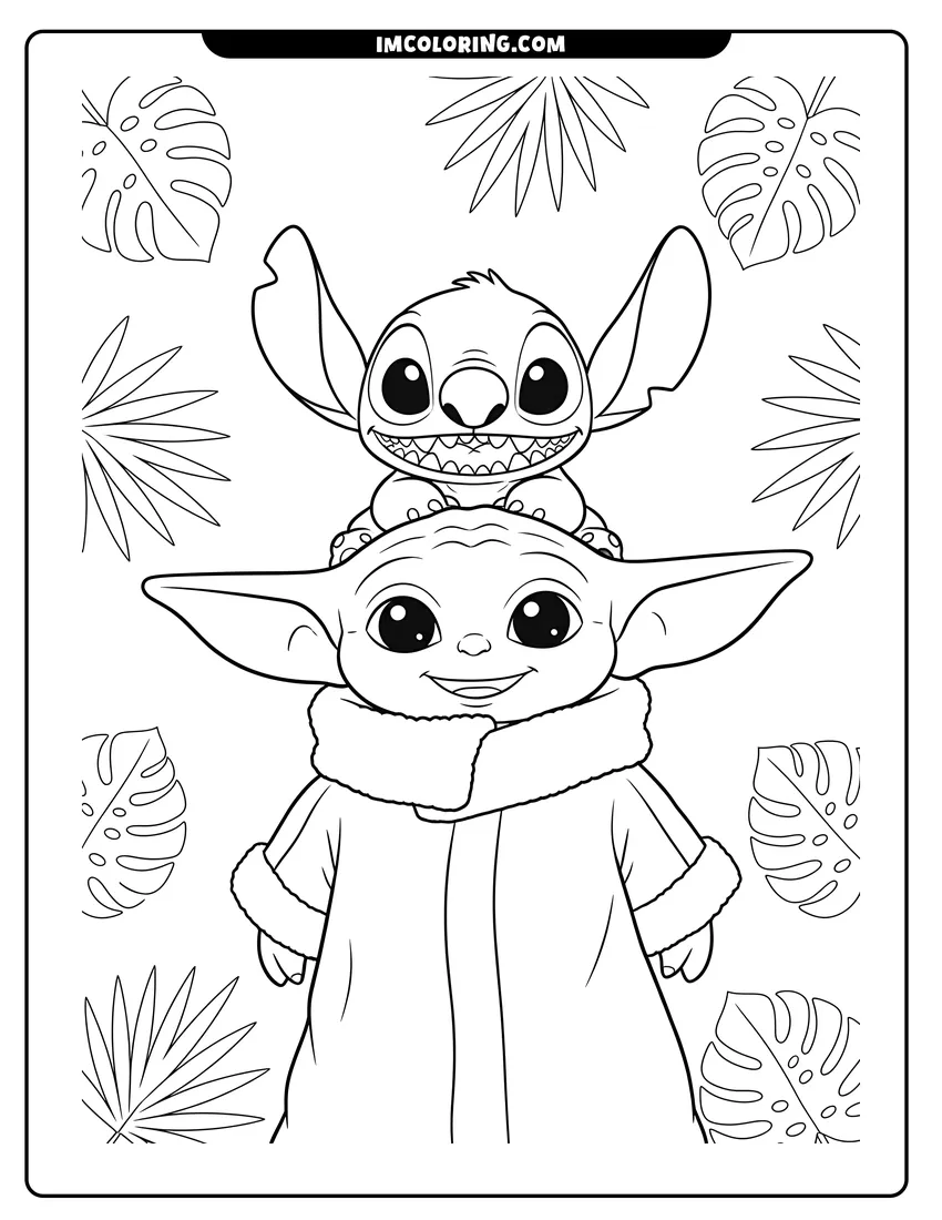 Scene showing Baby Yoda with Stitch on his head to color