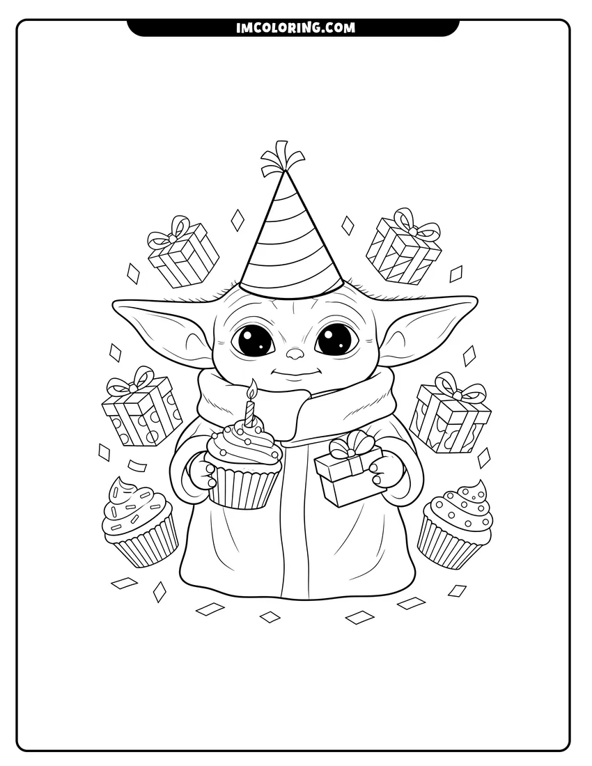 Simple line drawing of Baby Yoda wearing a party hat with a cupcake