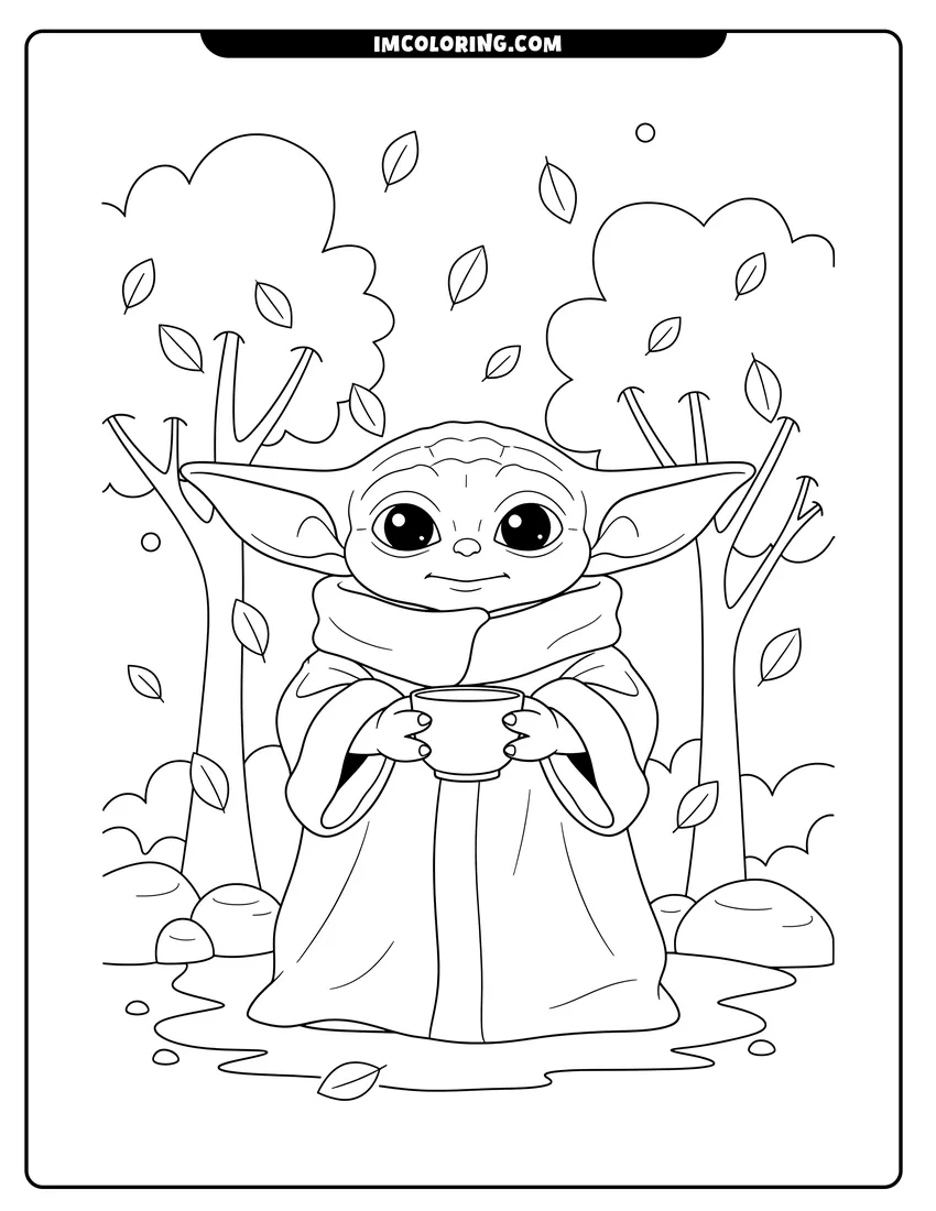 Outline of Baby Yoda holding a tea cup in the woods on a white background