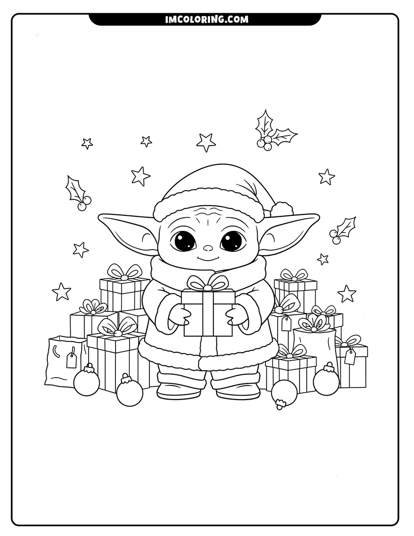 Printable Baby Yoda wearing a Santa suit holding a gift coloring activity