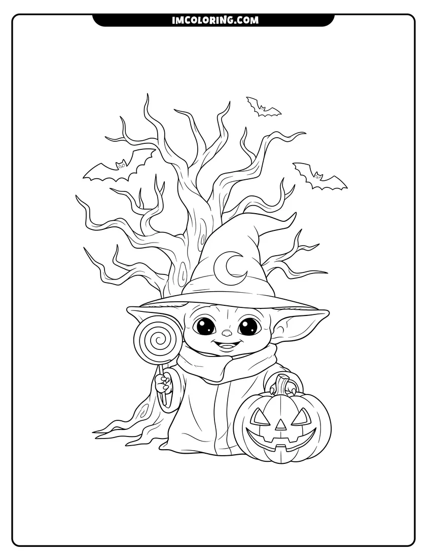 Easy-to-color Baby Yoda wearing a witch hat with a pumpkin illustration