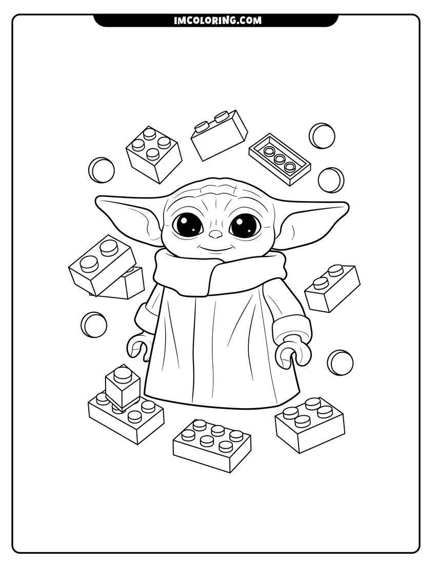 Line art depicting Lego minifigure of Baby Yoda with bricks