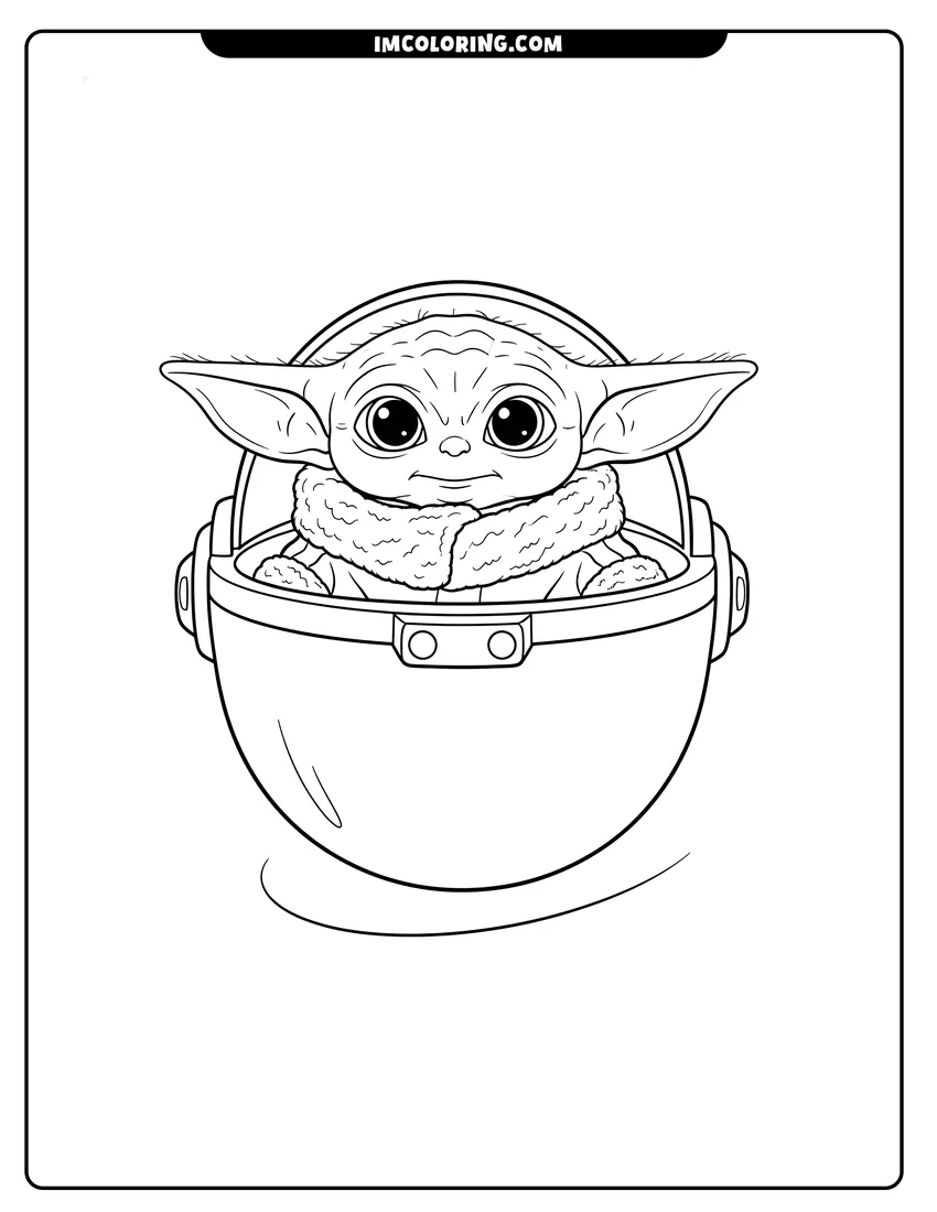 Outline of Super cute Baby Yoda inside his hovering pod on a white background