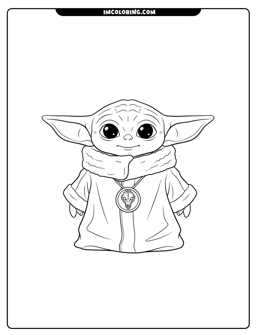 Kawaii style Baby Yoda wearing a Mythosaur skull necklace coloring picture