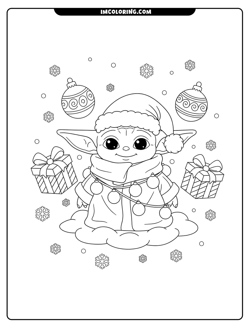 Kids activity sheet showing Baby Yoda wearing a Santa hat with ornaments