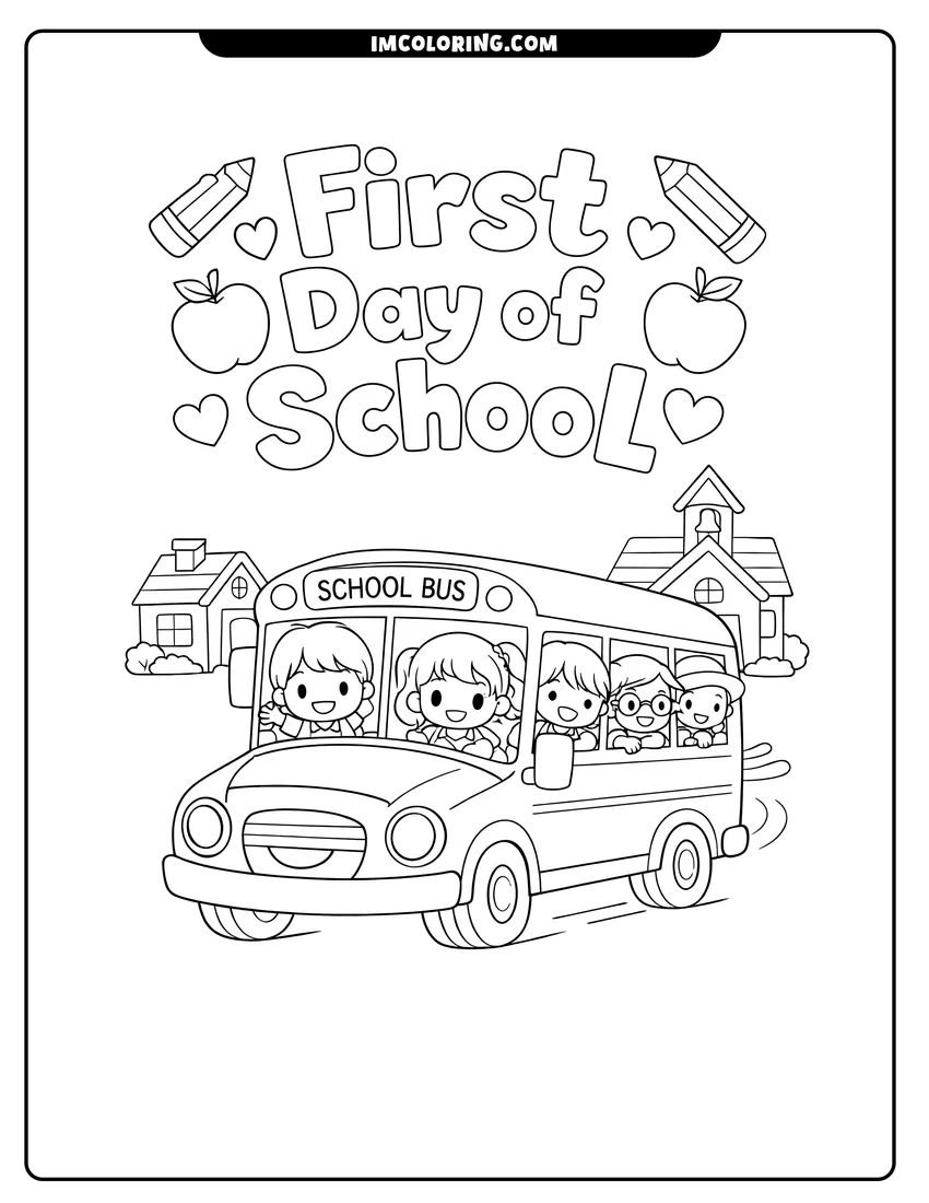 Easy-to-color Chibi students on a bus with school text illustration