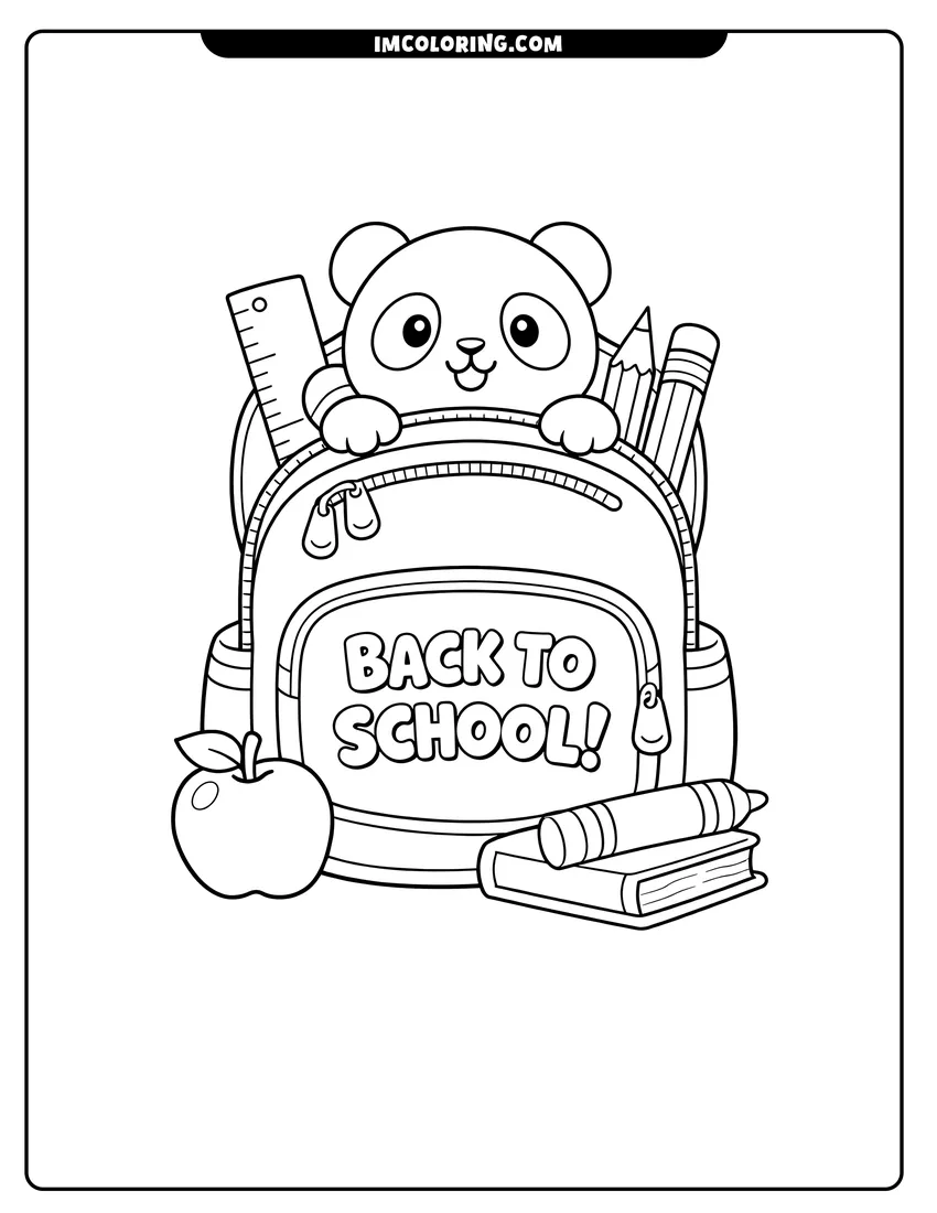 Printable Backpack with a panda and back to school text coloring activity