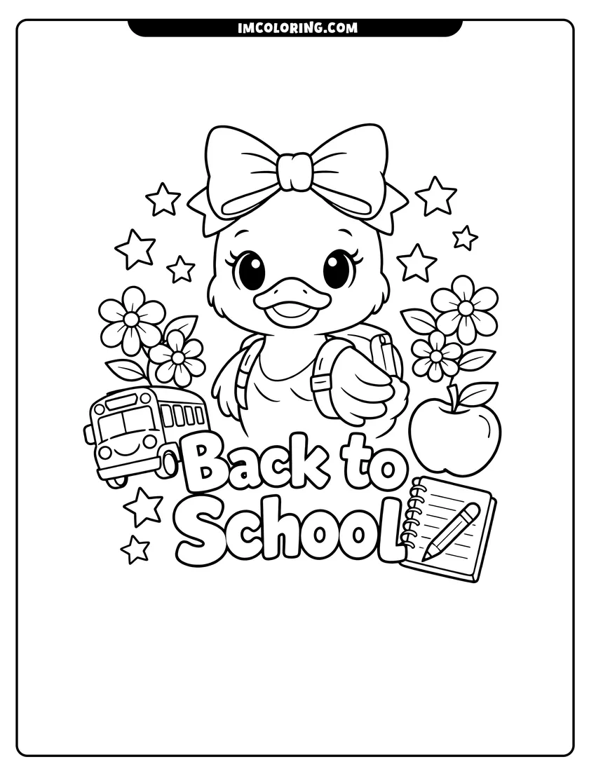 Kids activity sheet showing Duck with bow and back to school text