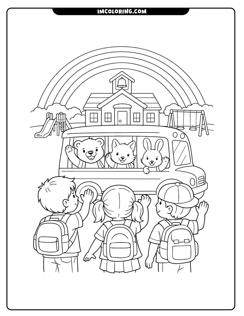 Cute Kids and animals at a schoolhouse with a rainbow outline for coloring