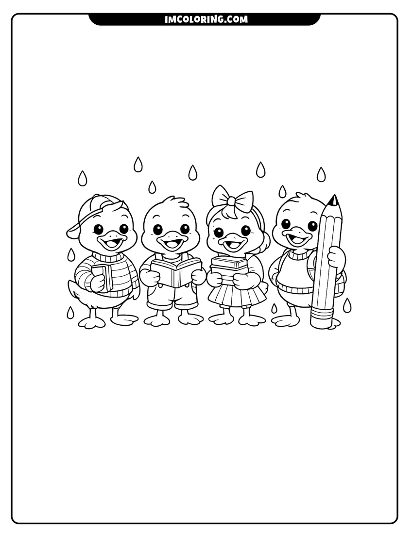 Kawaii style Four student ducks in sweaters and overalls coloring picture