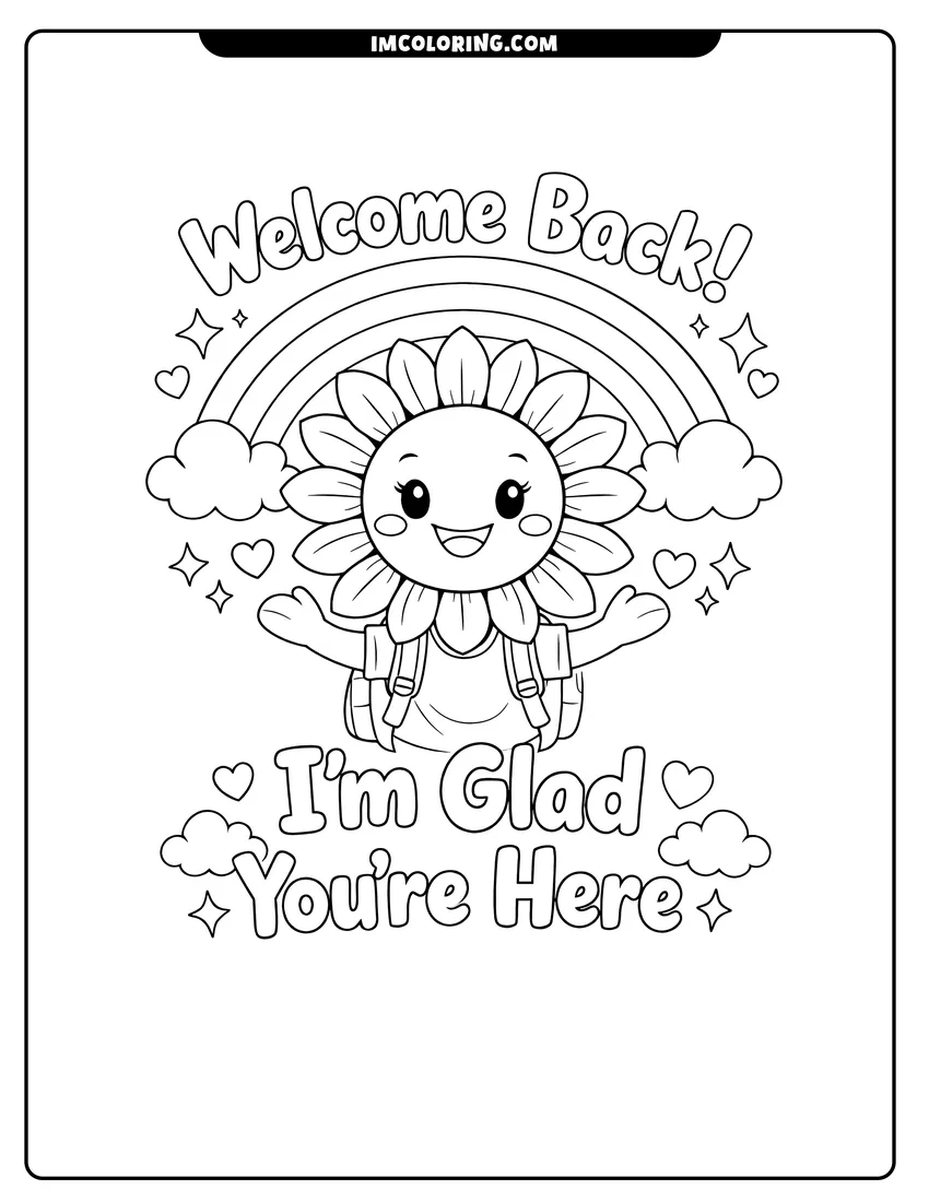Coloring sheet of Smiling sunflower and rainbow with welcome back text for kids