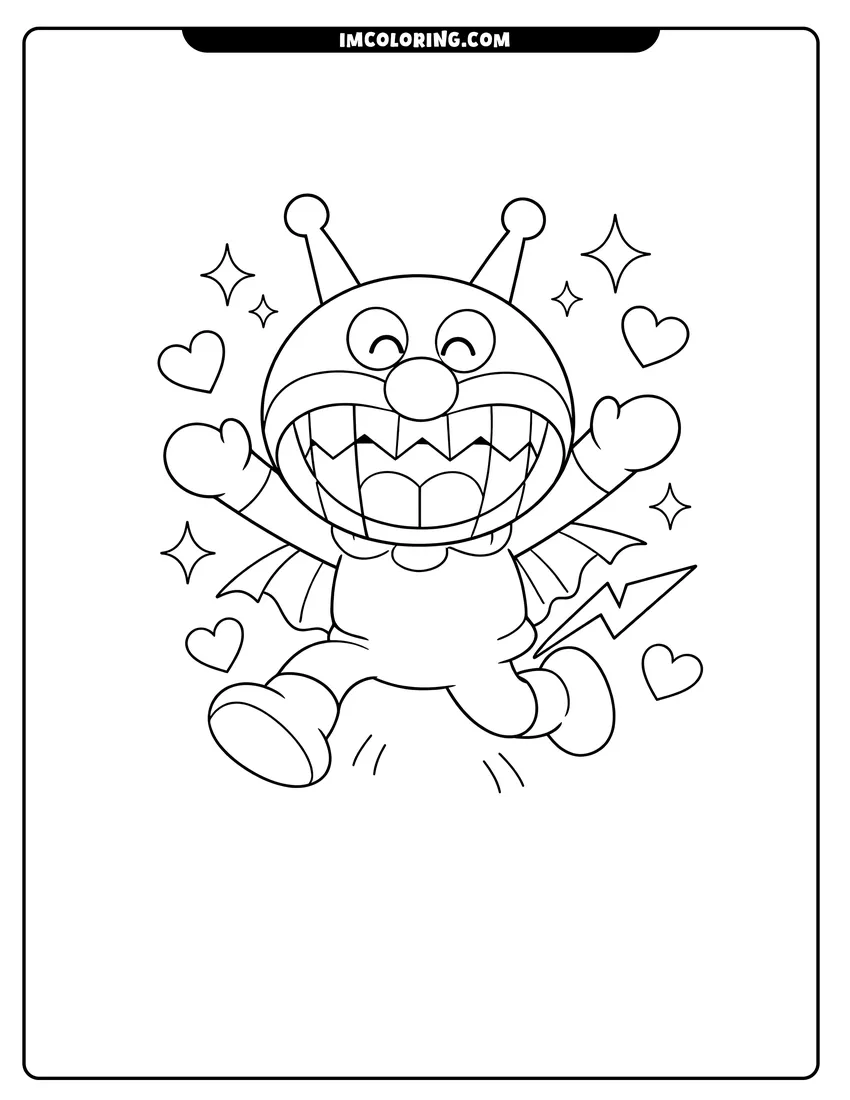 Printable Baikinman jumping happily with stars and hearts coloring activity