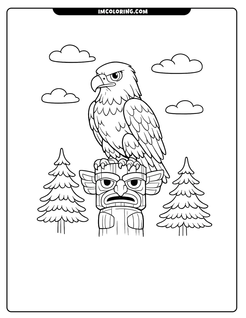 Illustration of Bald eagle perched on a wooden totem pole ready for painting