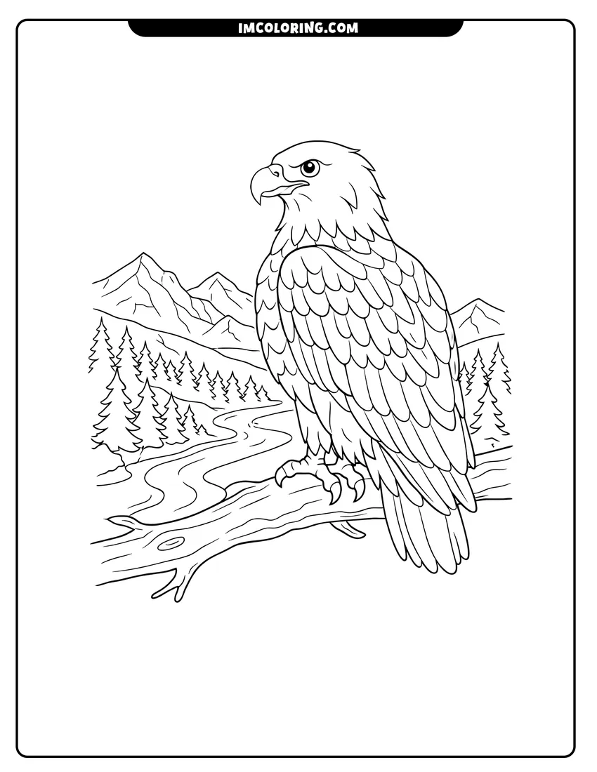 Cute Bald eagle perched overlooking a river and forest outline for coloring
