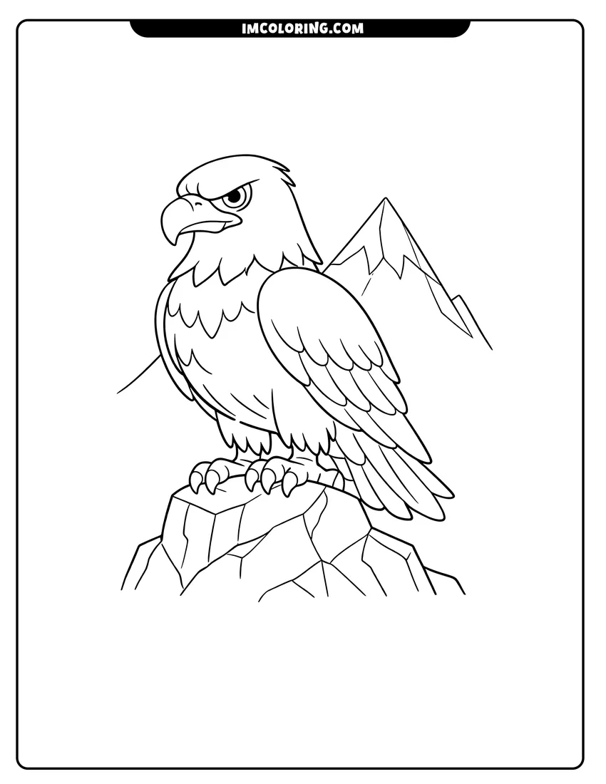 Black and white Bald eagle on a rock with simple mountain coloring sheet