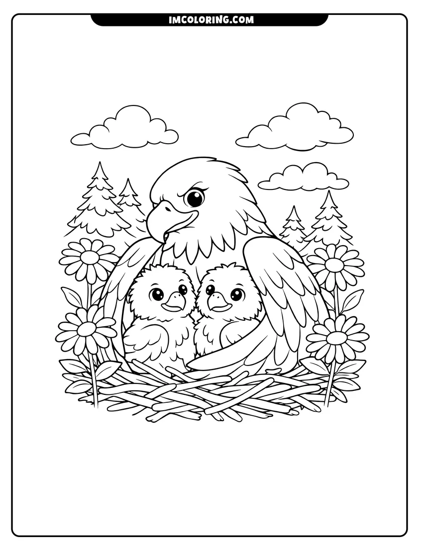 Easy-to-color Mother bald eagle shielding babies in a nest illustration