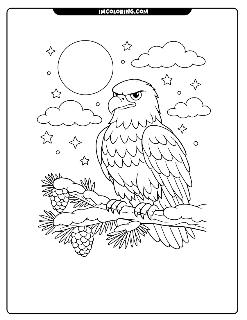 Cute Bald eagle on a pine branch at night outline for coloring