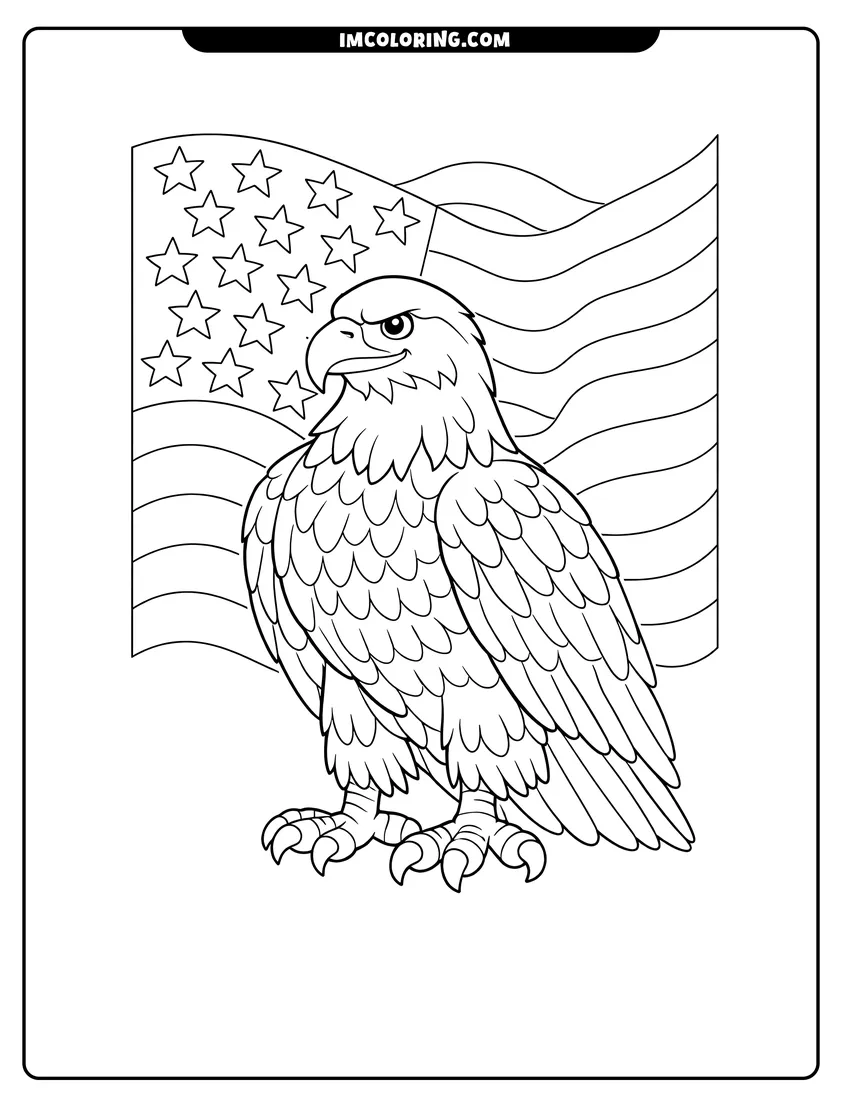 Easy-to-color Bald eagle in front of an American flag illustration