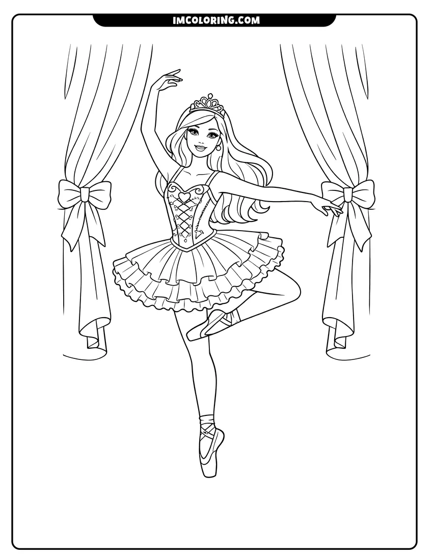 Line art depicting Graceful ballerina Barbie posing on a stage