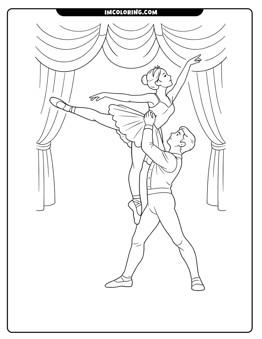 Male and female ballerinas performing a dance lift drawing meant for coloring
