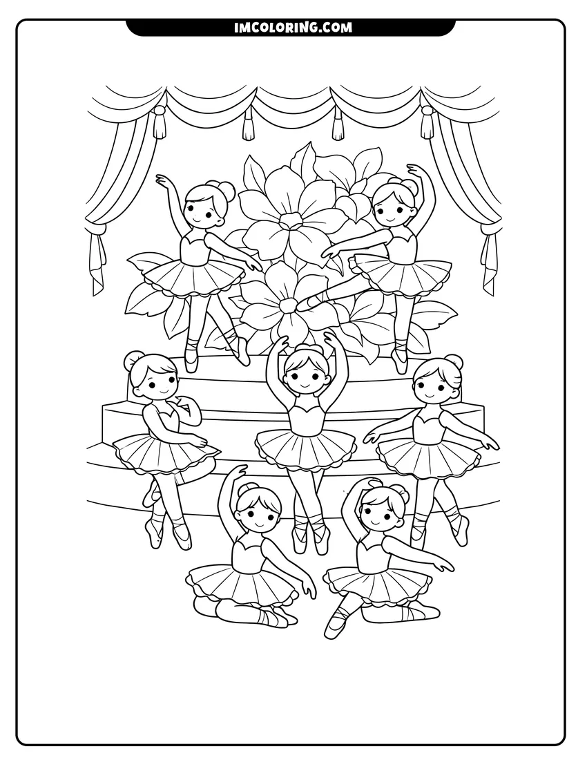 Troupe of six ballerinas performing on theater stage drawing meant for coloring