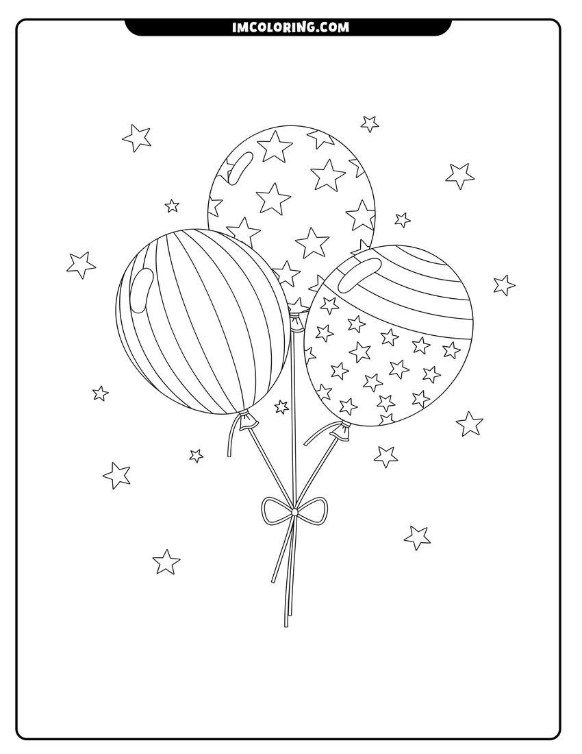 Printable line art of Three patriotic balloons with stars and stripes floating with stars