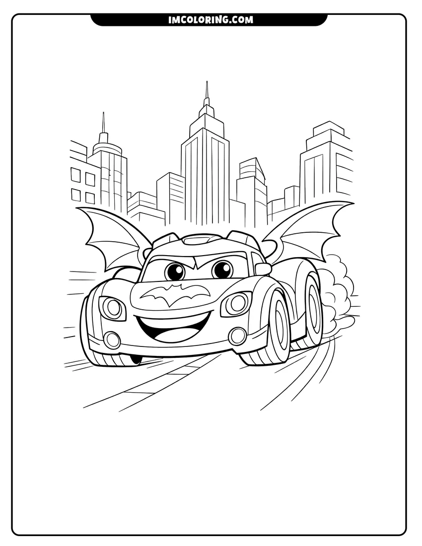 Bam the Batmobile racing through a city with skyscrapers coloring page for preschoolers
