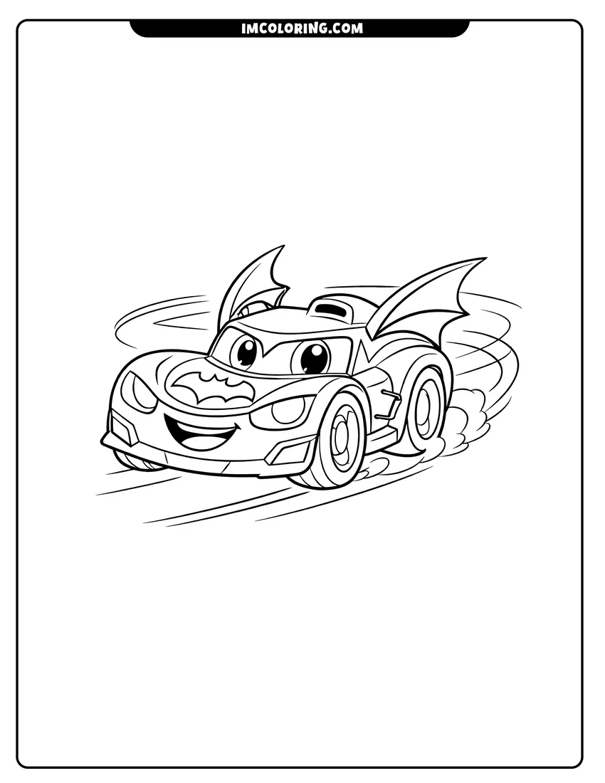 Coloring sheet of Bam the Batmobile speeding around a curvy racetrack for kids