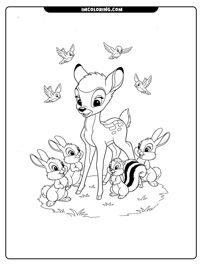 Coloring sheet of Bambi standing with Flower and rabbit friends for kids