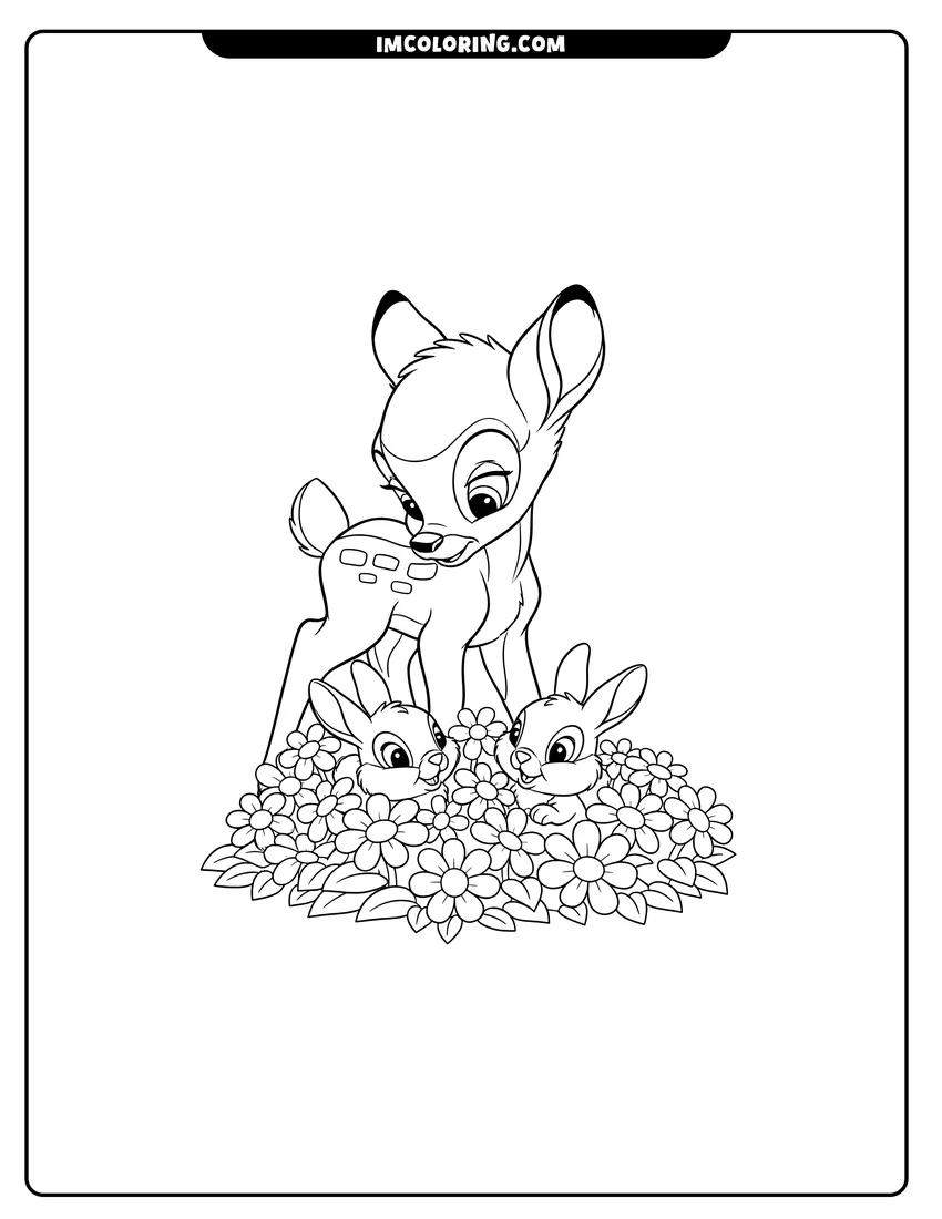 Simple sketch of Bambi talking to two small fluffy rabbits for children
