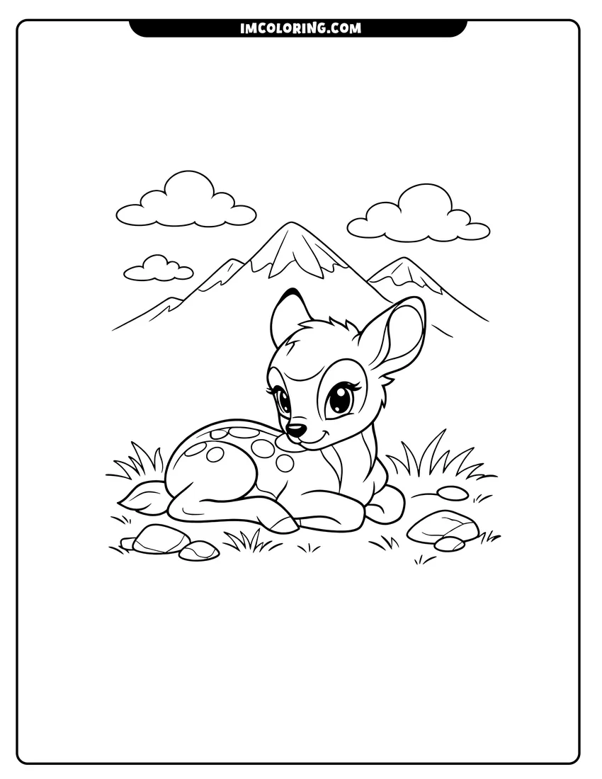 Line art depicting Spotted Bambi sitting in a mountain meadow