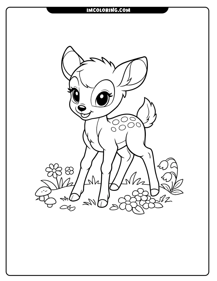 Detailed Baby Bambi learning to walk in the forest design for coloring