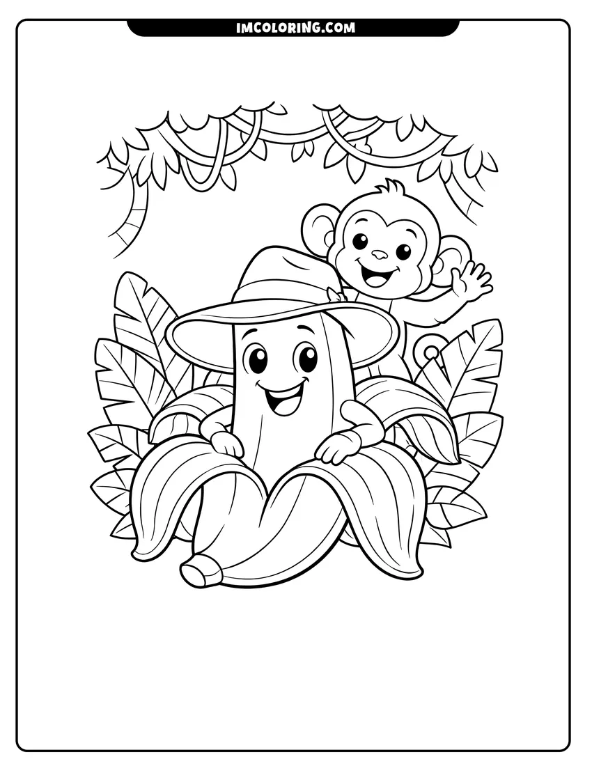 Printable coloring page featuring Banana character with a monkey friend in the jungle