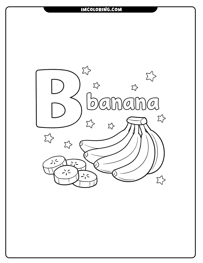 Simple line drawing of Letter B with a bunch of bananas and slices