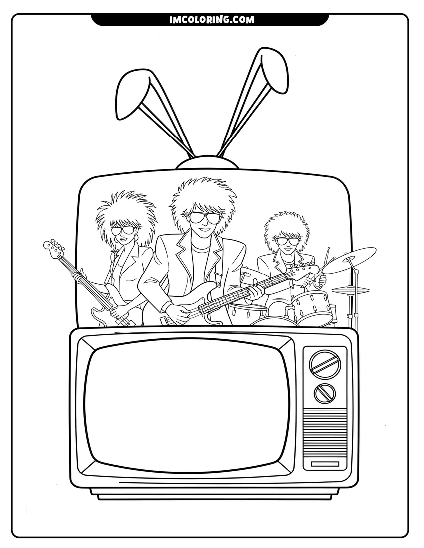Linear illustration of Three rock stars with big hair inside a vintage television