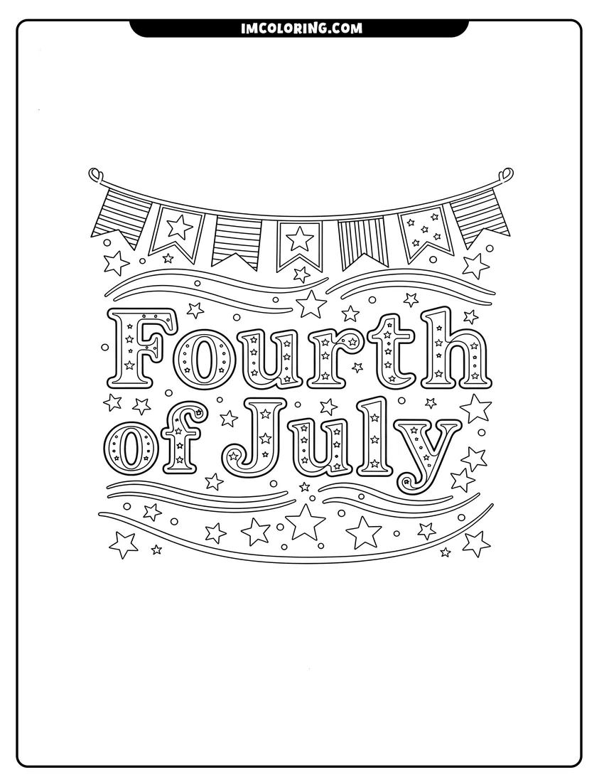 Clean line drawing: Fourth of July banner with stars and stripe pennant flags