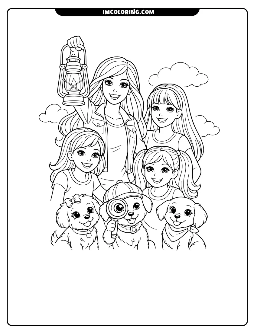 Easy-to-color Barbie and sisters with puppies and lantern illustration