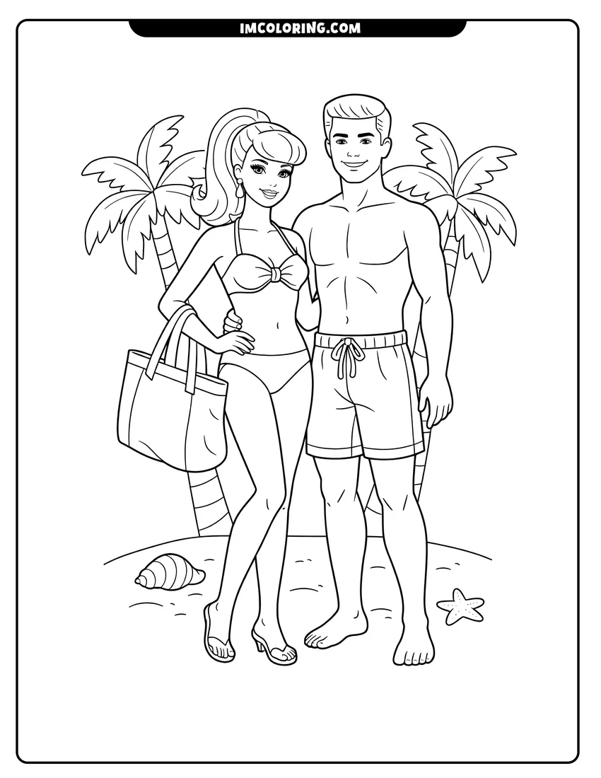 Simple sketch of Barbie and Ken standing on a sandy beach for children