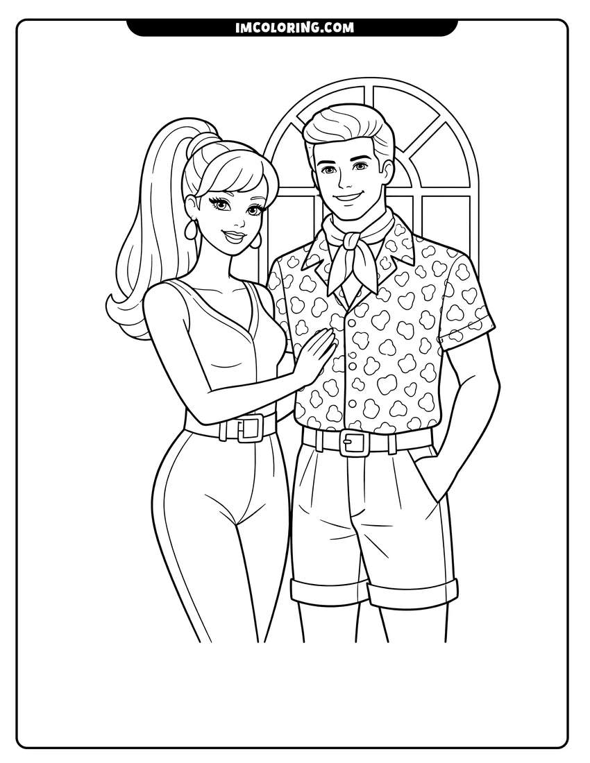 Black and white Barbie and Ken in iconic movie outfits coloring sheet